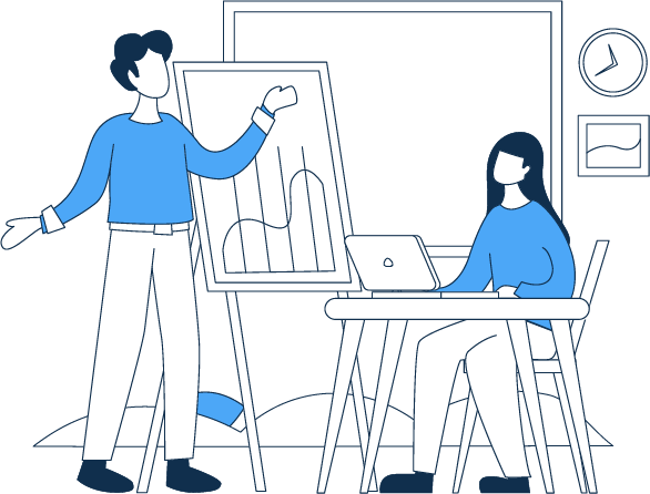 Illustration of a person standing and presenting a chart to a colleague sitting at a desk with a laptop, symbolizing a business presentation.