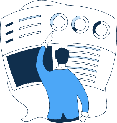 Illustration of a person in traditional attire standing in front of bar charts and an upward arrow, symbolizing financial growth.