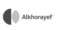 Alkhorayef logo with two half-circle shapes and the company name next to them.