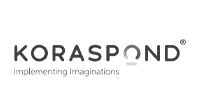 Koraspond logo with the tagline 'Implementing Imagination' below the brand name, incorporating a lightbulb icon